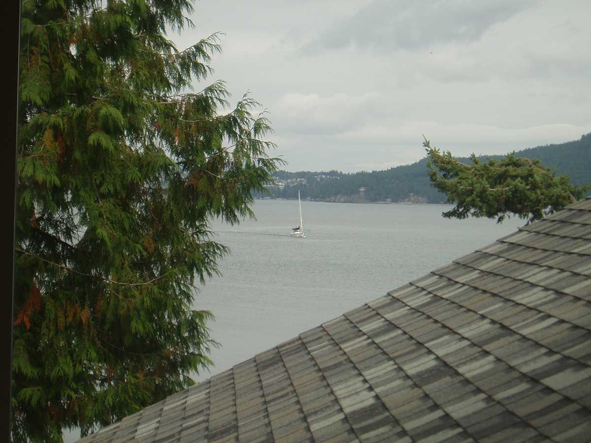 A view of a lake from the roof of a house