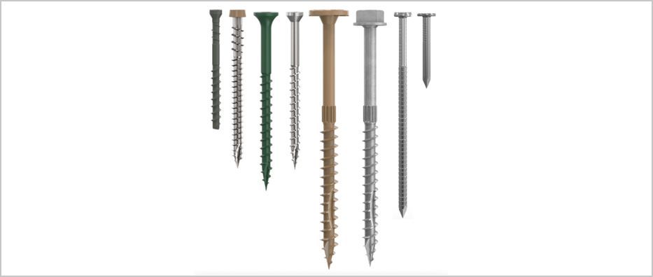 Assorted wood screws in silver, green, brass, and gray, arranged vertically on a white background