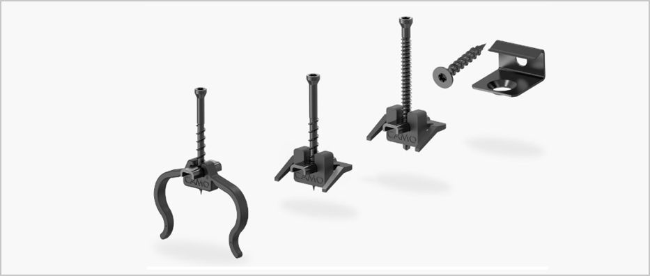 Black metal display stands and clamp mounts arranged on a white background.