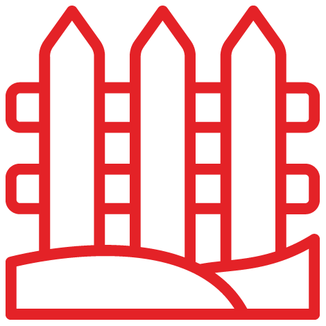 Red outline icon of a three-picket fence situated on a small, rounded hill.