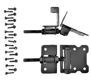 Two black adjustable gate hinges displayed from the top and front, accompanied by a set of mounting screws.