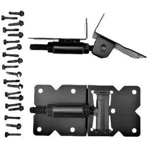 Black gate hinge kit with mounting plates, adjustable bolt, and accompanying hardware screws on a white background.