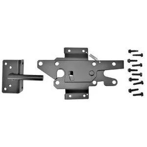 Black metal gate latch mechanism with a separate strike bracket and a set of mounting screws on a white background.