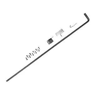 A metal rod handle, mounting hardware, and small screws, laid out on a white background for assembly or installation.