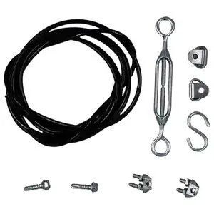 Hardware kit including black wire, a turnbuckle, two wire clamps, two screw eyes, and an S-hook on a white background.