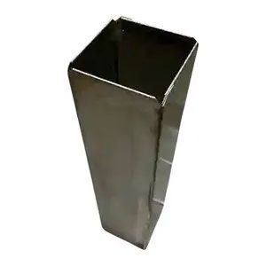 A tall, silver, square-shaped stainless steel tube or sleeve standing upright against a plain white background.