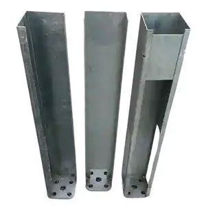 Three grey, C-shaped metal structural posts with flat, perforated square bases, positioned vertically against a white background.