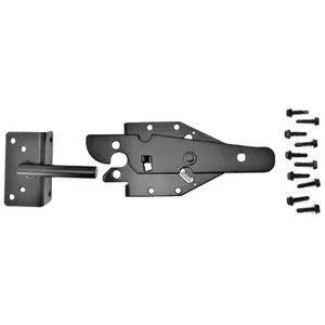 A black gate latch kit featuring a strike bracket, a gravity latch mechanism, and a set of eight mounting screws.