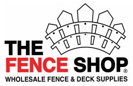 Logo for The Fence Shop, featuring a black-and-red brand name below a line-art illustration of a curved picket fence.
