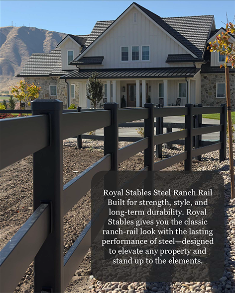 Black ranch-style fence in front of a gray suburban house with a tan roof and porch