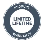 A circular seal with a dark gray border and white center, reading 