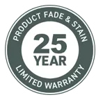 A circular grey badge reading 