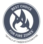 Dark blue circular badge with a stylized flame crossed out and the text 