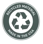 A dark circular seal featuring a central recycling symbol, labeled 