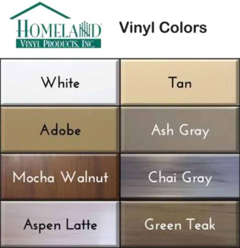 Color palette chart from Homeland Vinyl Products showing eight vinyl color options labeled with their names.