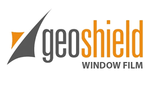 Logo for Geoshield window film, with text in orange and gray, and an abstract arrow shape.