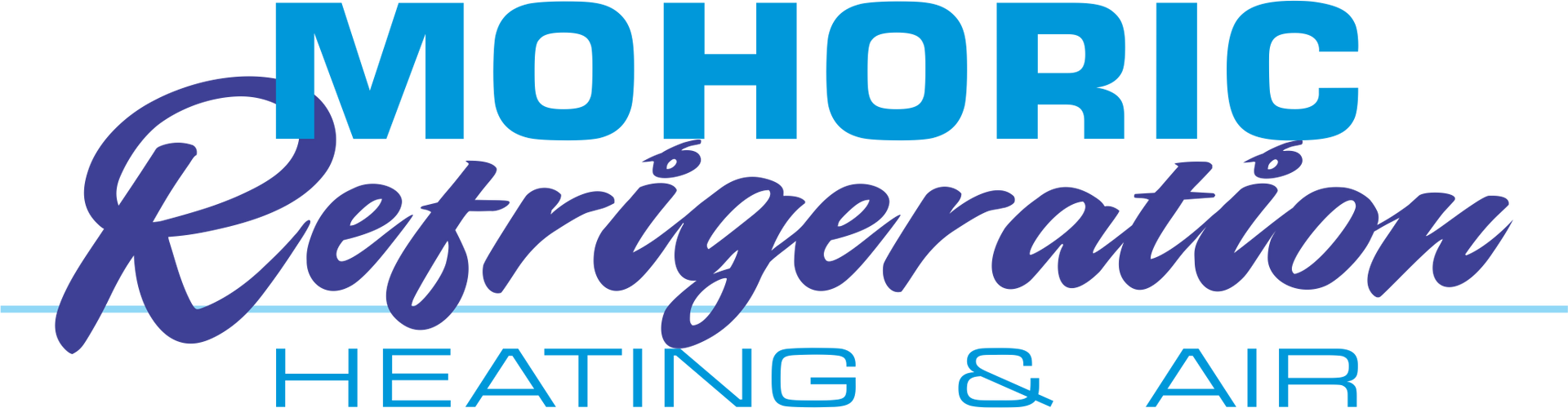 Logo for Mohoric Refrigeration, Heating & Air, with blue text on a white background.