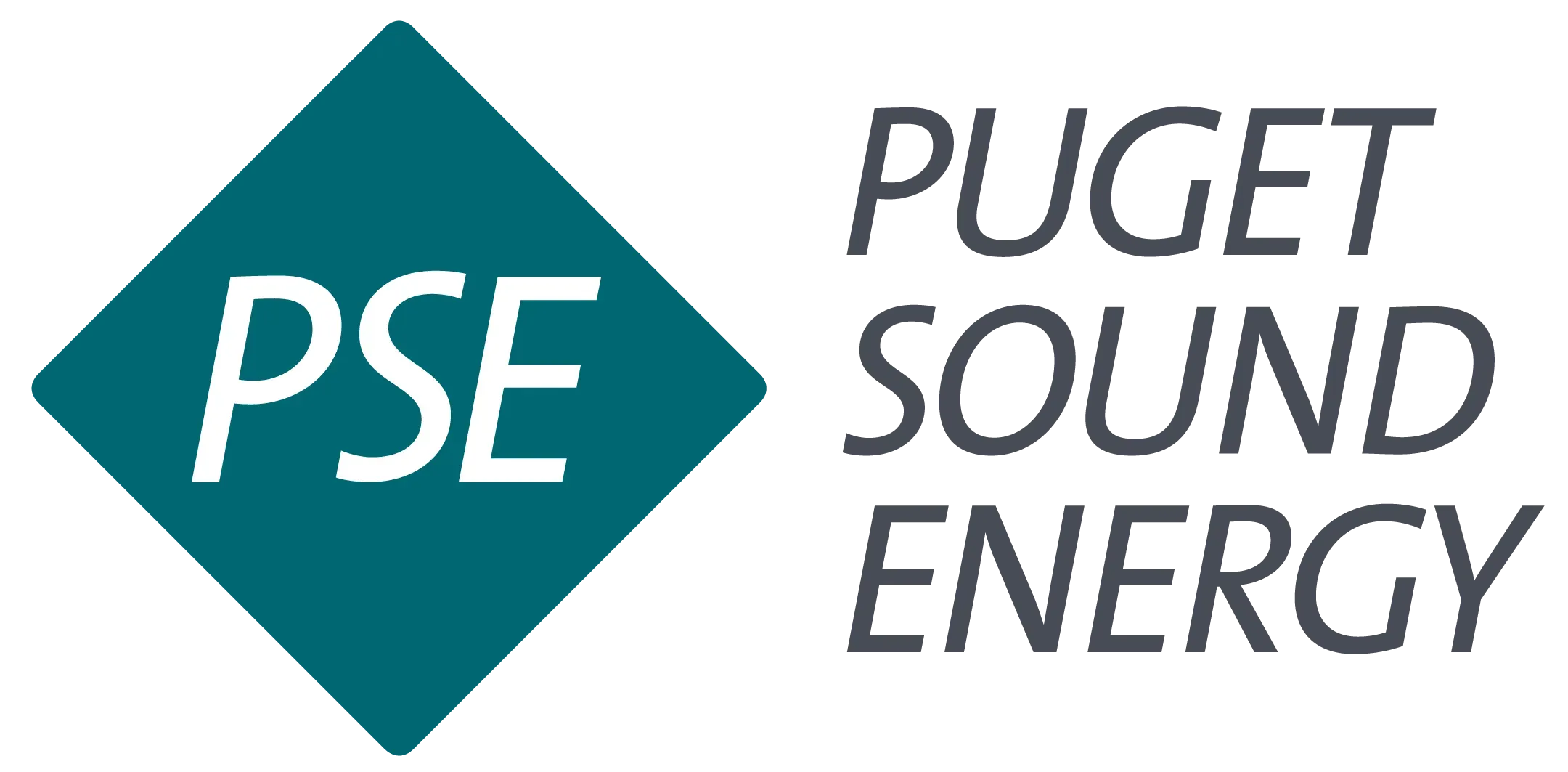 Logo of Puget Sound Energy: turquoise diamond with 