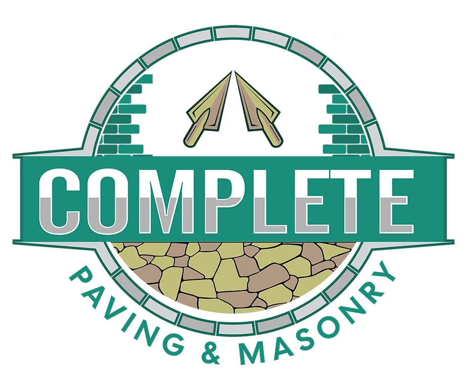 Logo for "Complete Paving & Masonry" featuring a brick arch, trowels, and text on a green background.