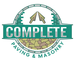 Logo for "Complete Paving & Masonry" featuring a brick arch, trowels, and text on a green background.