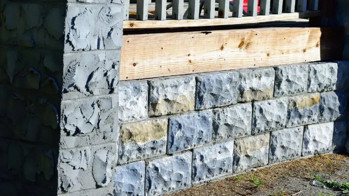 Stone block wall and post supporting a wooden porch.