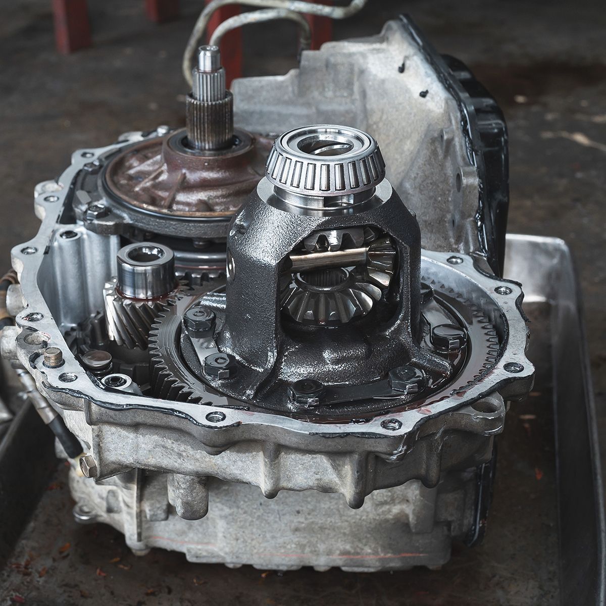 A close up of a gearbox on a tray