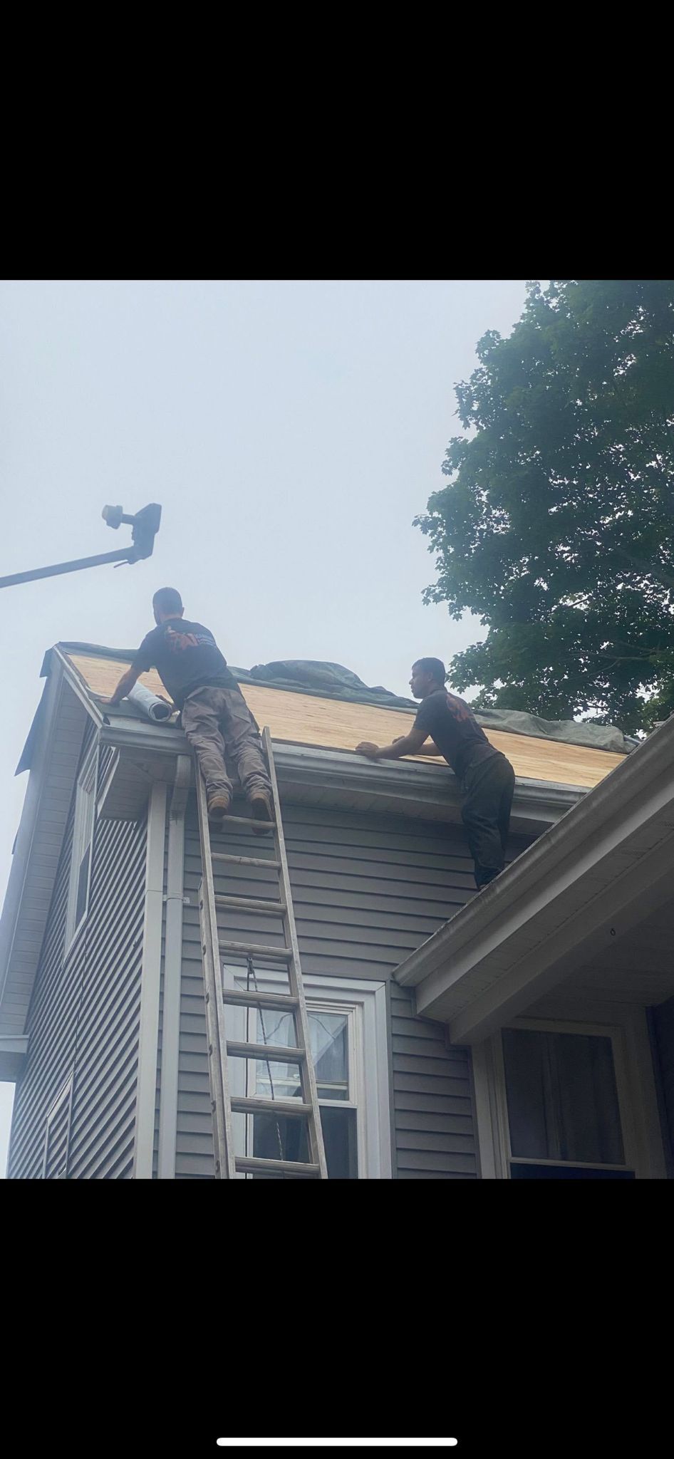 Two people working on a roof, one on a ladder, house with gray siding.