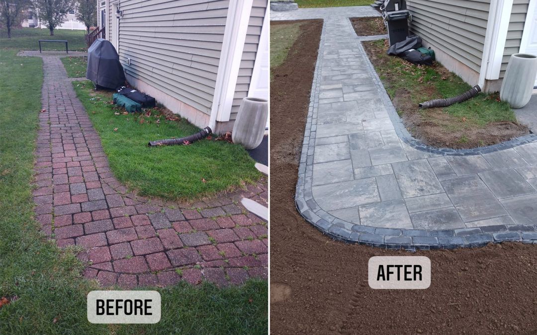 Comparison of a brick and paver walkway, before and after renovation, along a building.