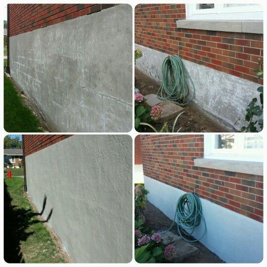 Four images: Exterior of a house with a brick wall above a freshly painted cement foundation. A green hose is in two images.