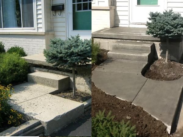 Before-and-after of concrete walkway and steps with small tree. Grey concrete, green plants, white siding.