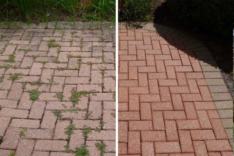 Before and after photos of a brick patio cleaned, removing weeds and grime to reveal bright red bricks.