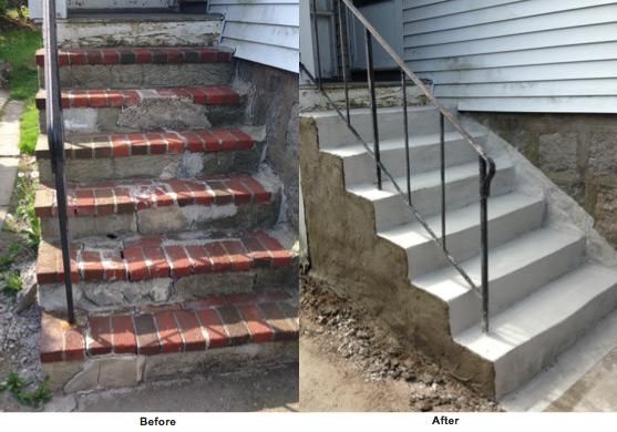Before and after of concrete stairs, original brick stairs crumbling, replaced with smooth concrete stairs.