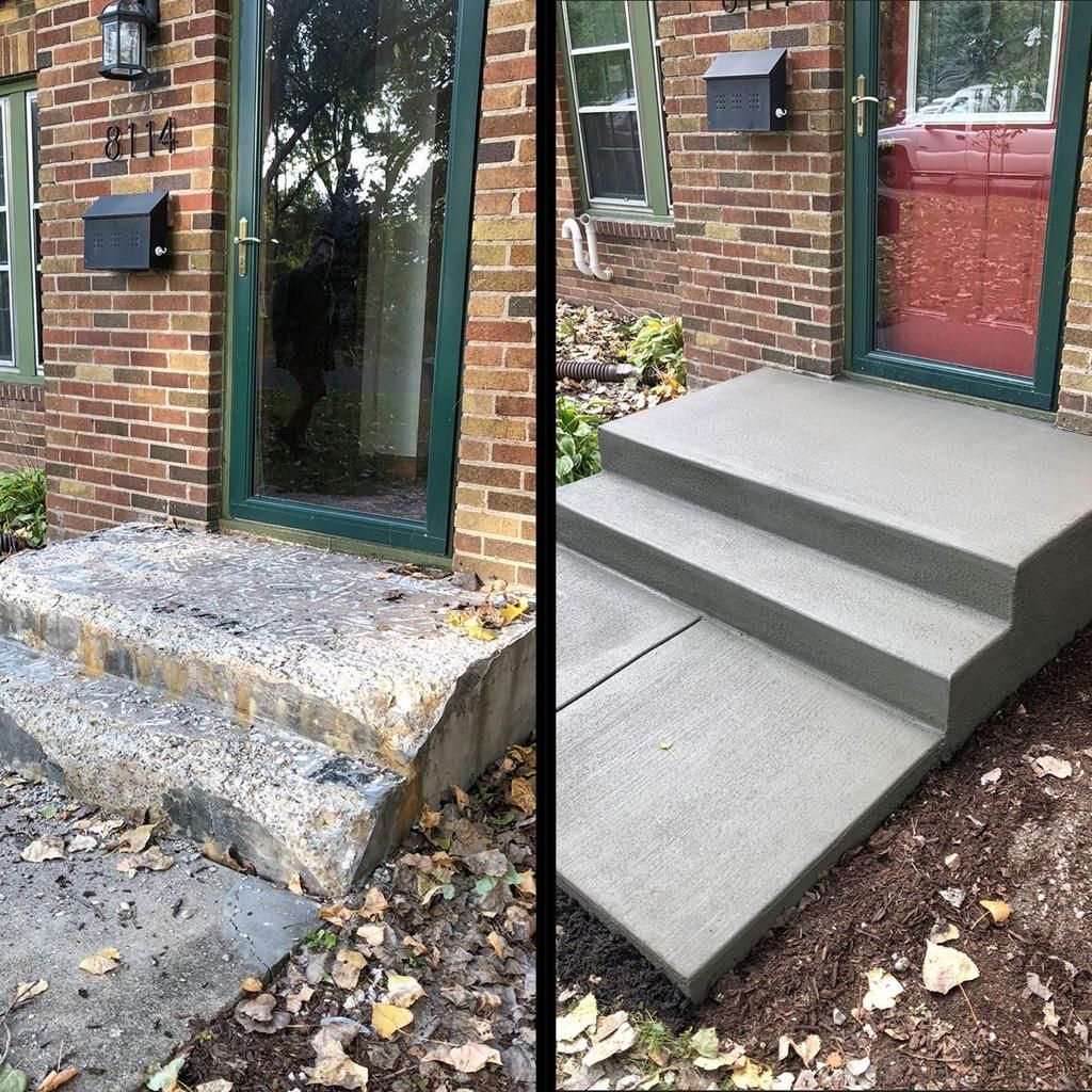 Before and after photos of a house's front entrance steps: old, cracked concrete steps replaced with new gray ones.
