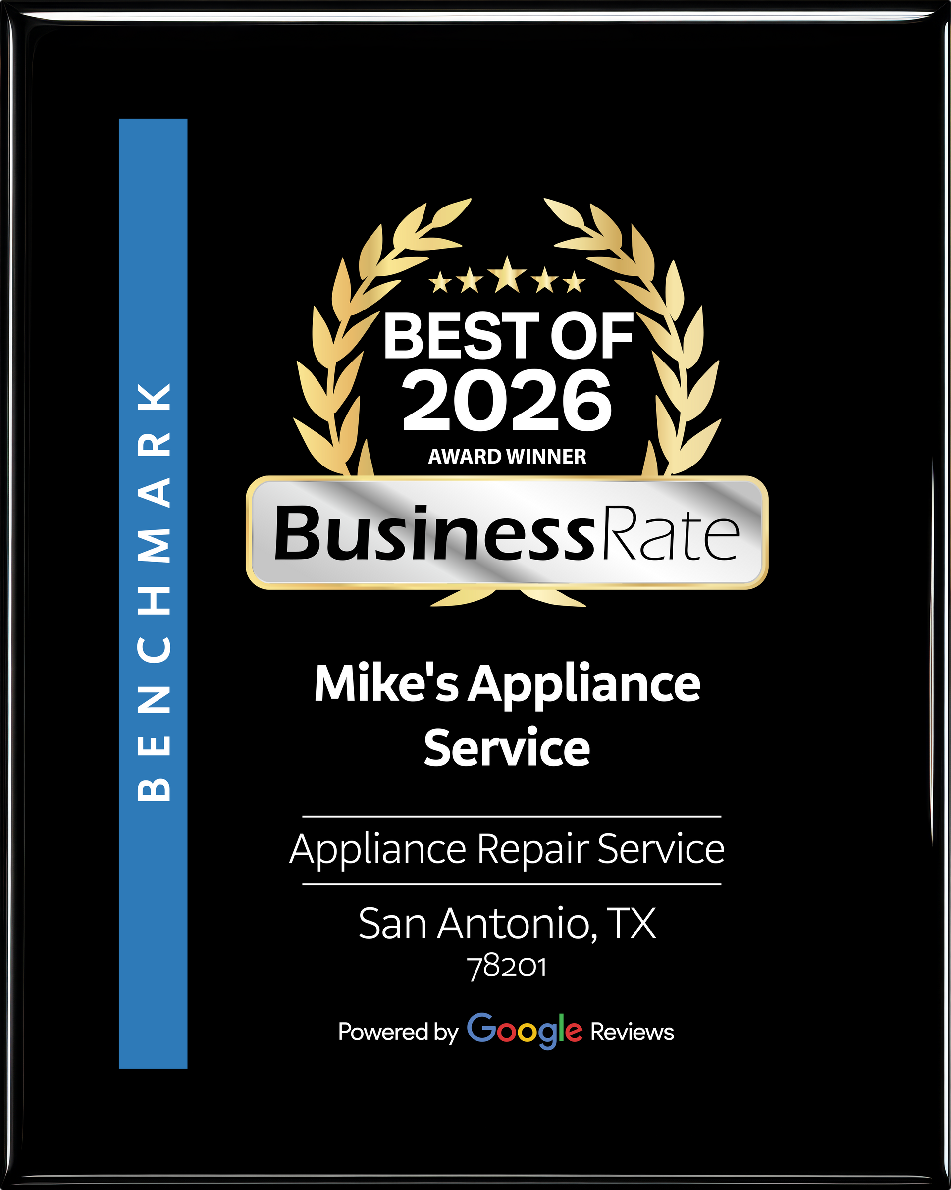 BusinessRate Best of 2026 award for Mike's Appliance Service in San Antonio, TX, displayed on a black background.