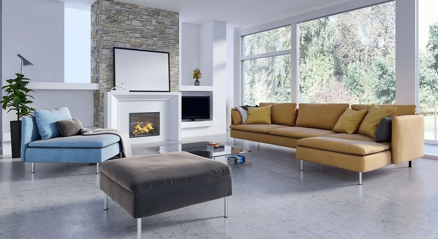 Modern living room with tan sofa, blue chair, gray ottoman, fireplace, and large windows
