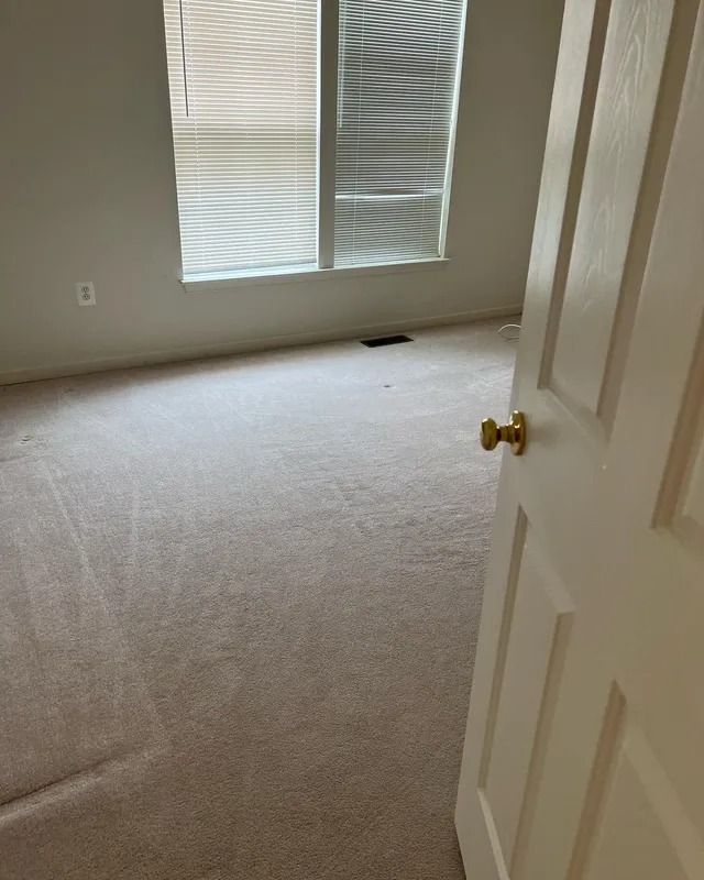 Empty beige-carpeted room with closed blinds and a partially open white door.