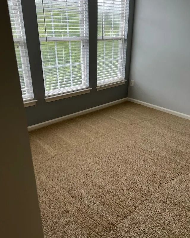 Empty carpeted room with large windows and white blinds, gray walls, and natural light.
