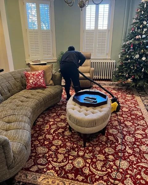Person cleaning a living room beside a red rug, couch, Christmas tree, and ottoman.