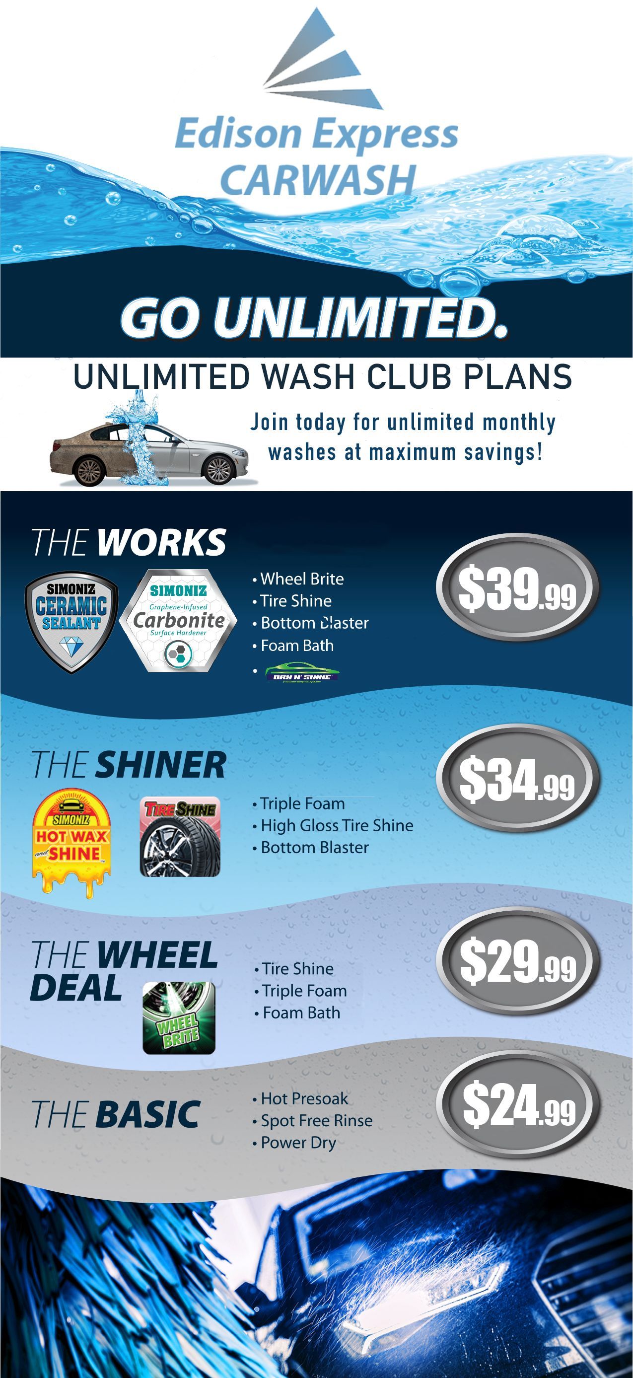 Flyers advertising Blue Express Carwash's unlimited wash club plans, with price details and service options.