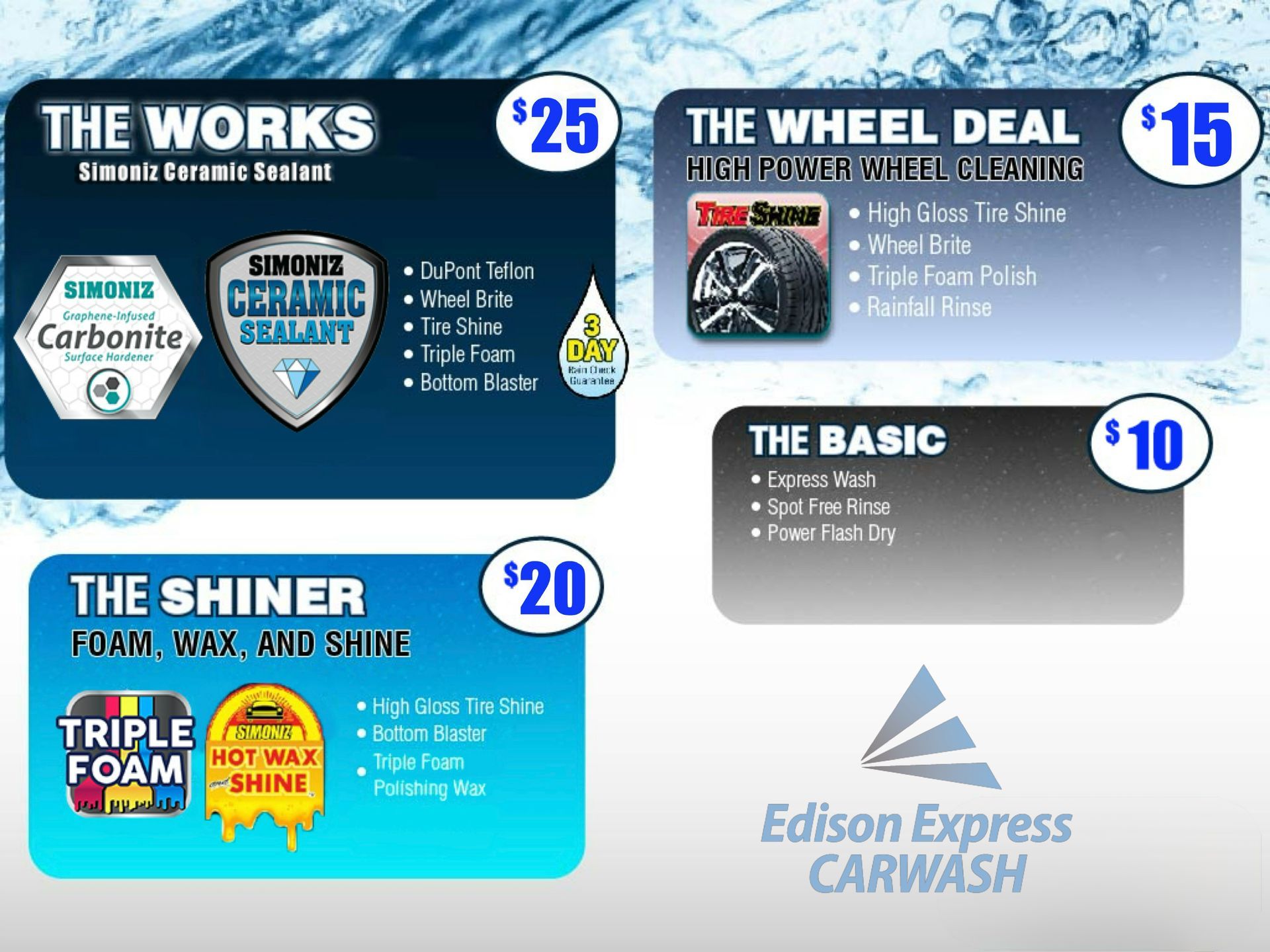 Edison Express detailing services sign showing car wash packages with pricing.