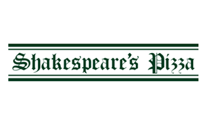 Shakespeare's Pizza logo, green text and border.