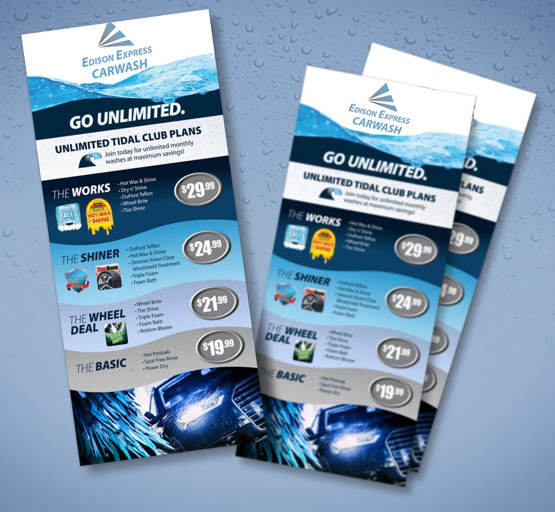 Flyers advertising Blue Express Carwash's unlimited wash club plans, with price details and service options.