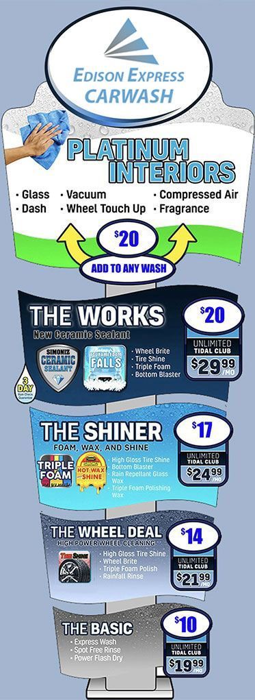 Edison Express detailing services sign showing car wash packages with pricing.