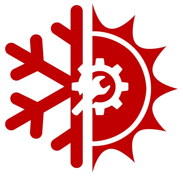 Red logo split between a snowflake on the left and a sun on the right, with a gear and wrench icon in the center.