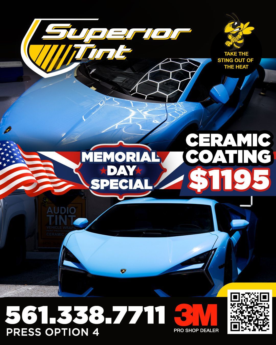 Superb Tint Memorial Day special ad: blue sports cars, ceramic coating $1195, phone 561-338-7711