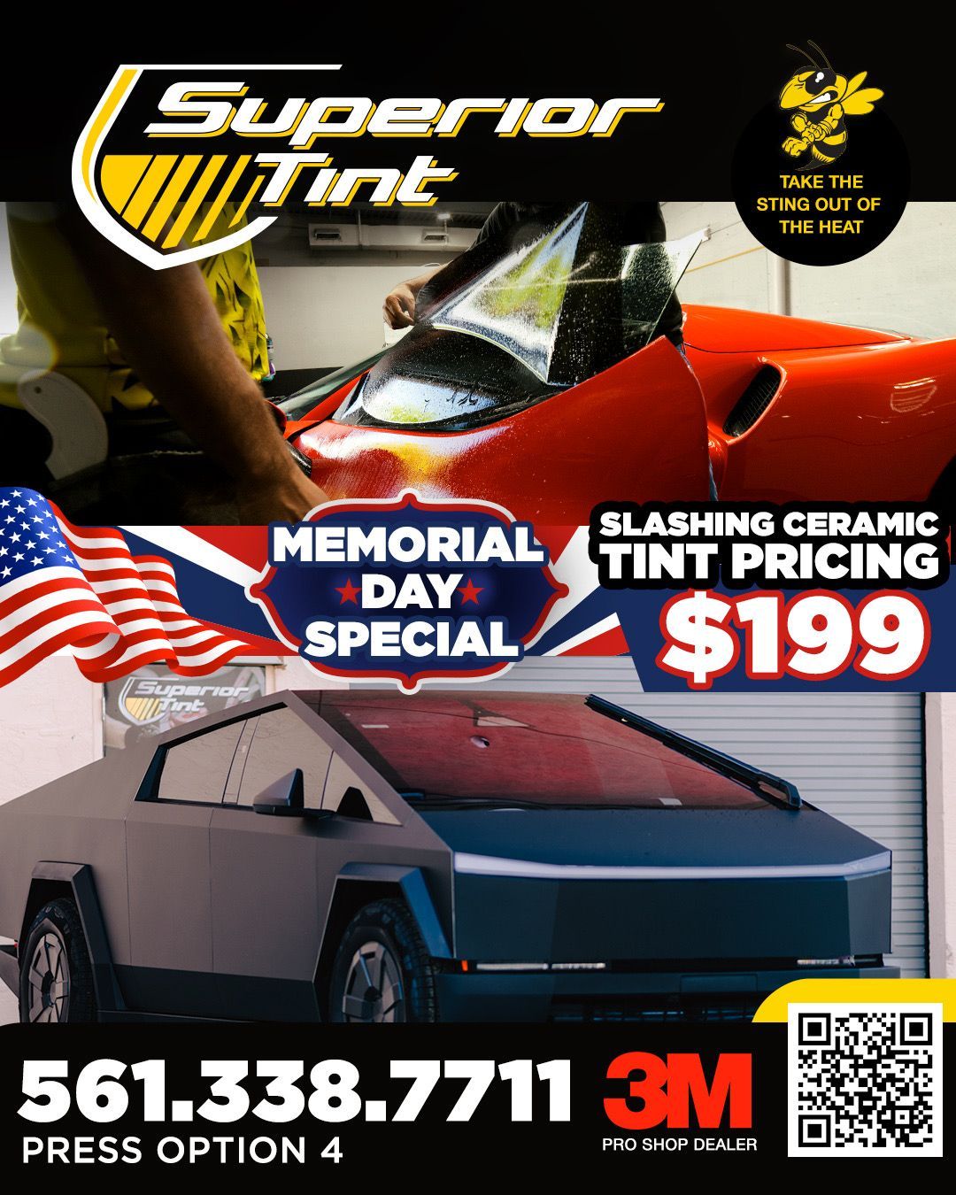 Superior Tint Memorial Day special ad with blue truck, U.S. flag, and $199 ceramic tint pricing