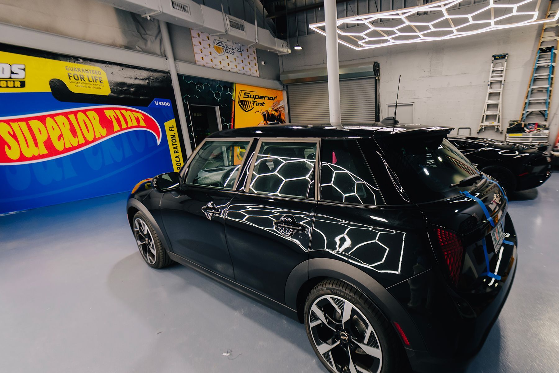 Black Mini Cooper in a shop with honeycomb-patterned lights, window tint, and a 