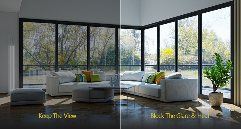 Interior room, split view: one side keeps the view, the other blocks glare and heat. Shows couch, windows, tree outside.