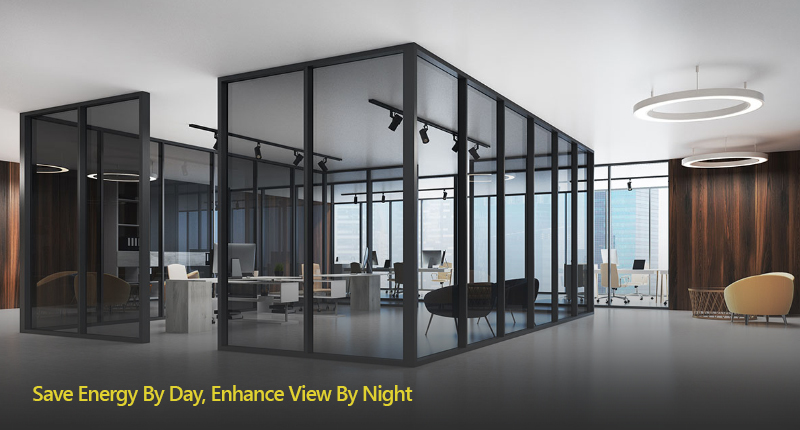 Modern office space with glass-walled cubicles, desks, and chairs, and a 