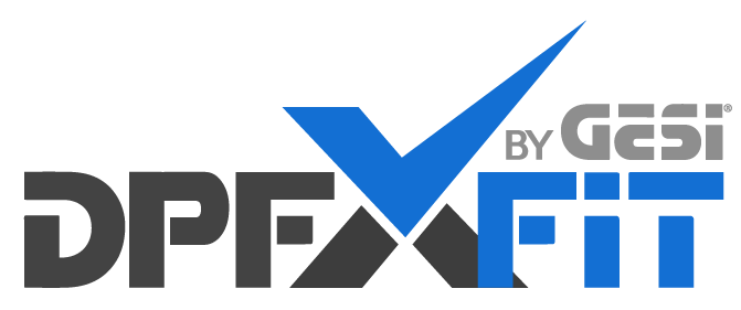 A logo for DPFXFIT BY GESI, featuring the word DPF in black, FIT in blue, and a blue checkmark integrated into an X.